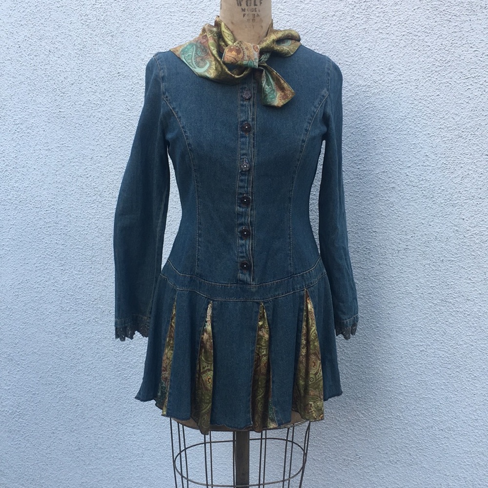 Custom designed denim blouse with silk accents